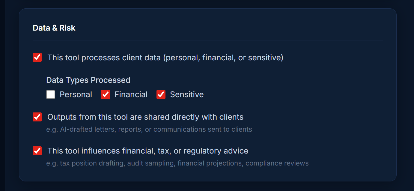 AI Register add AI tool data and risk section
