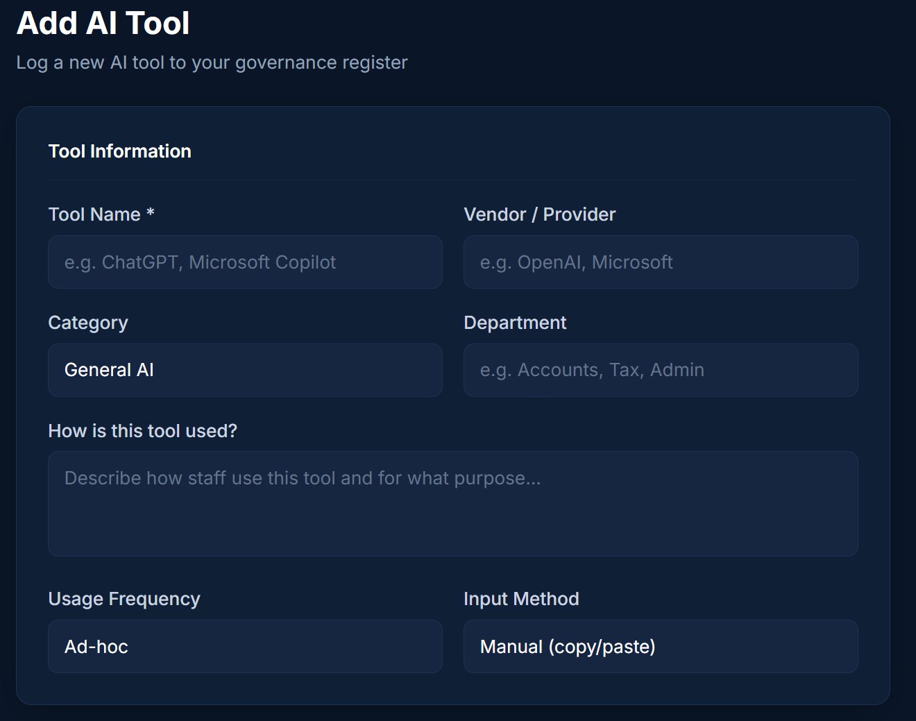 AI Register add AI tool form showing tool information fields
