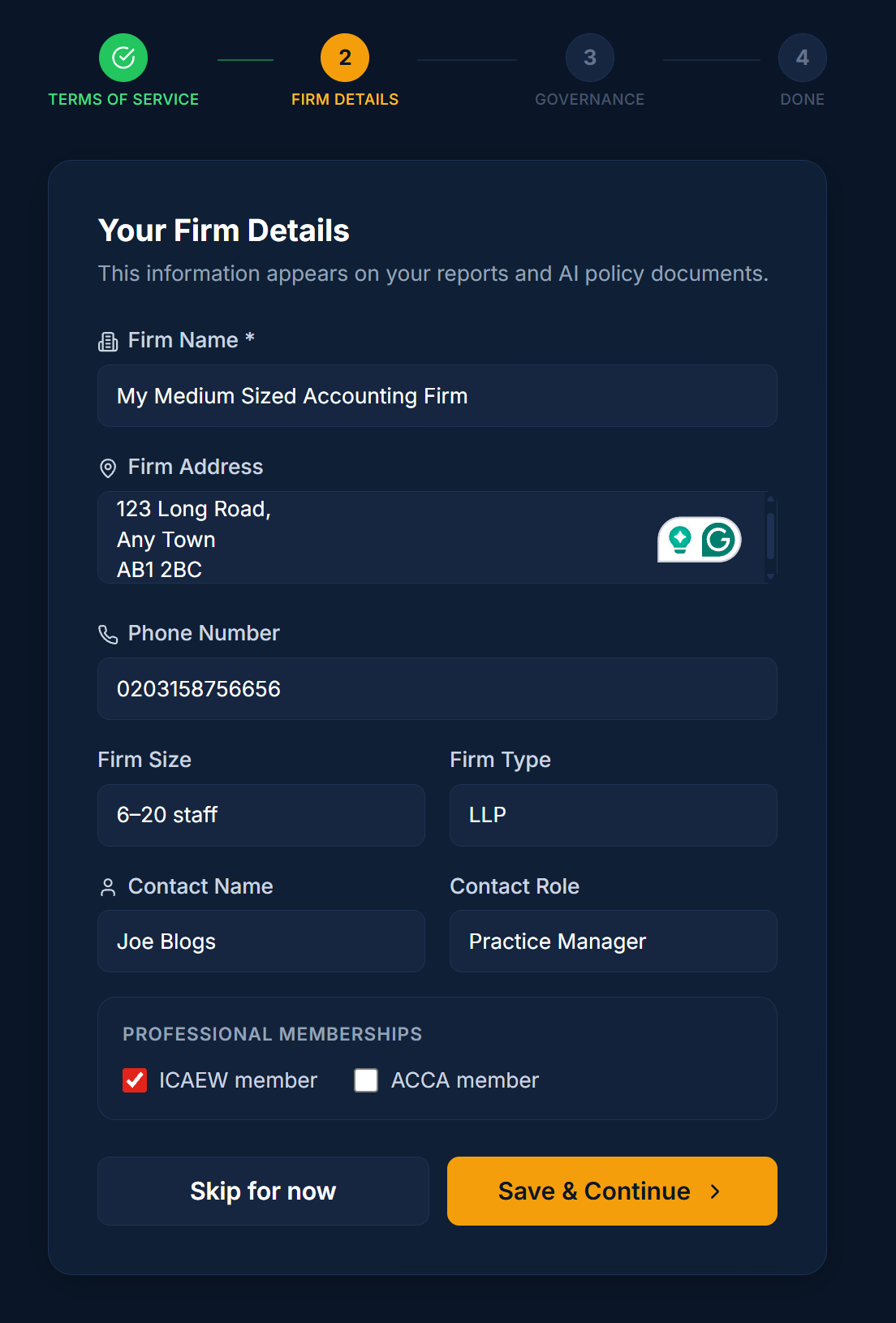 AI Register firm details form completed with sample values