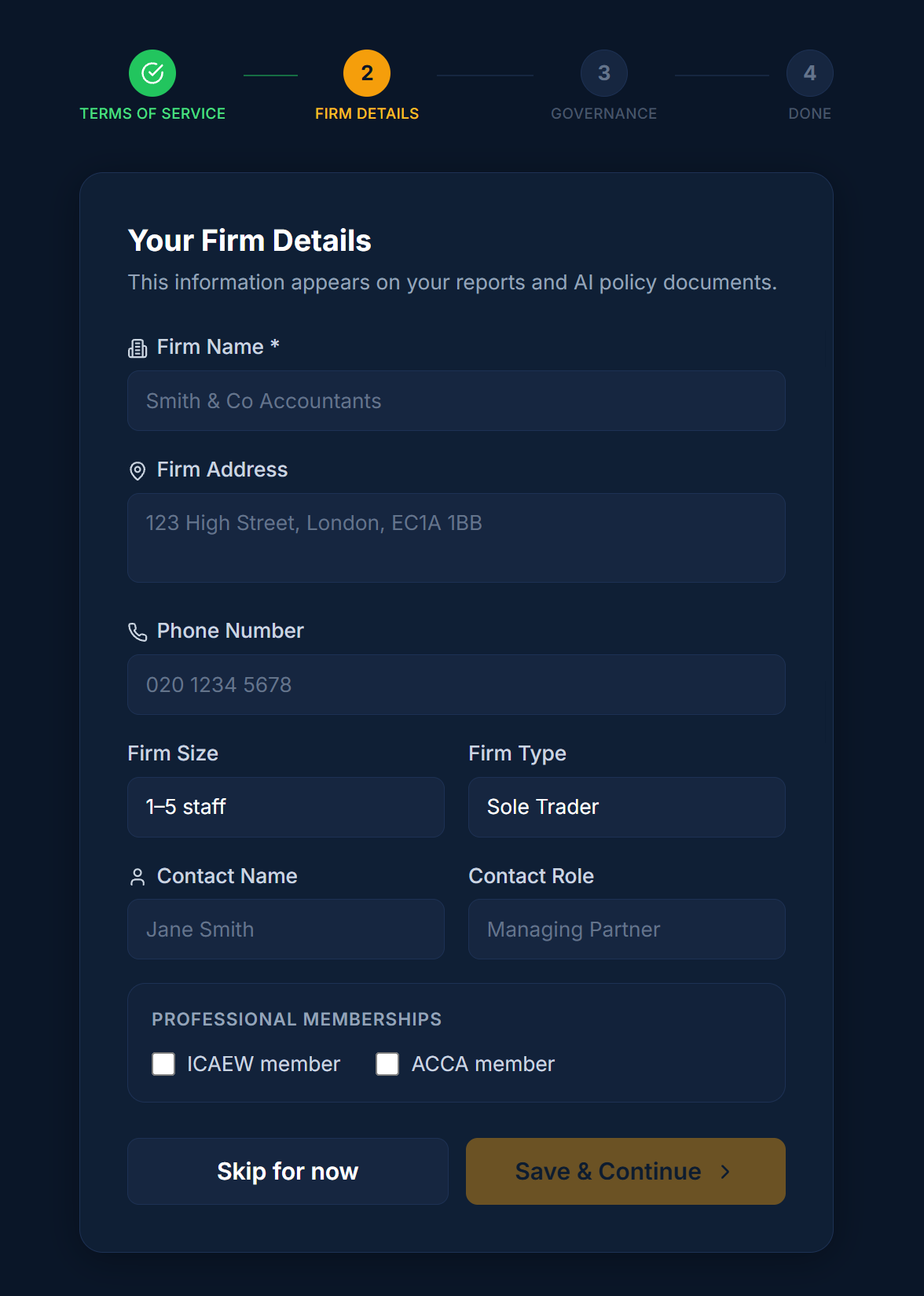 AI Register firm details form with organisation fields