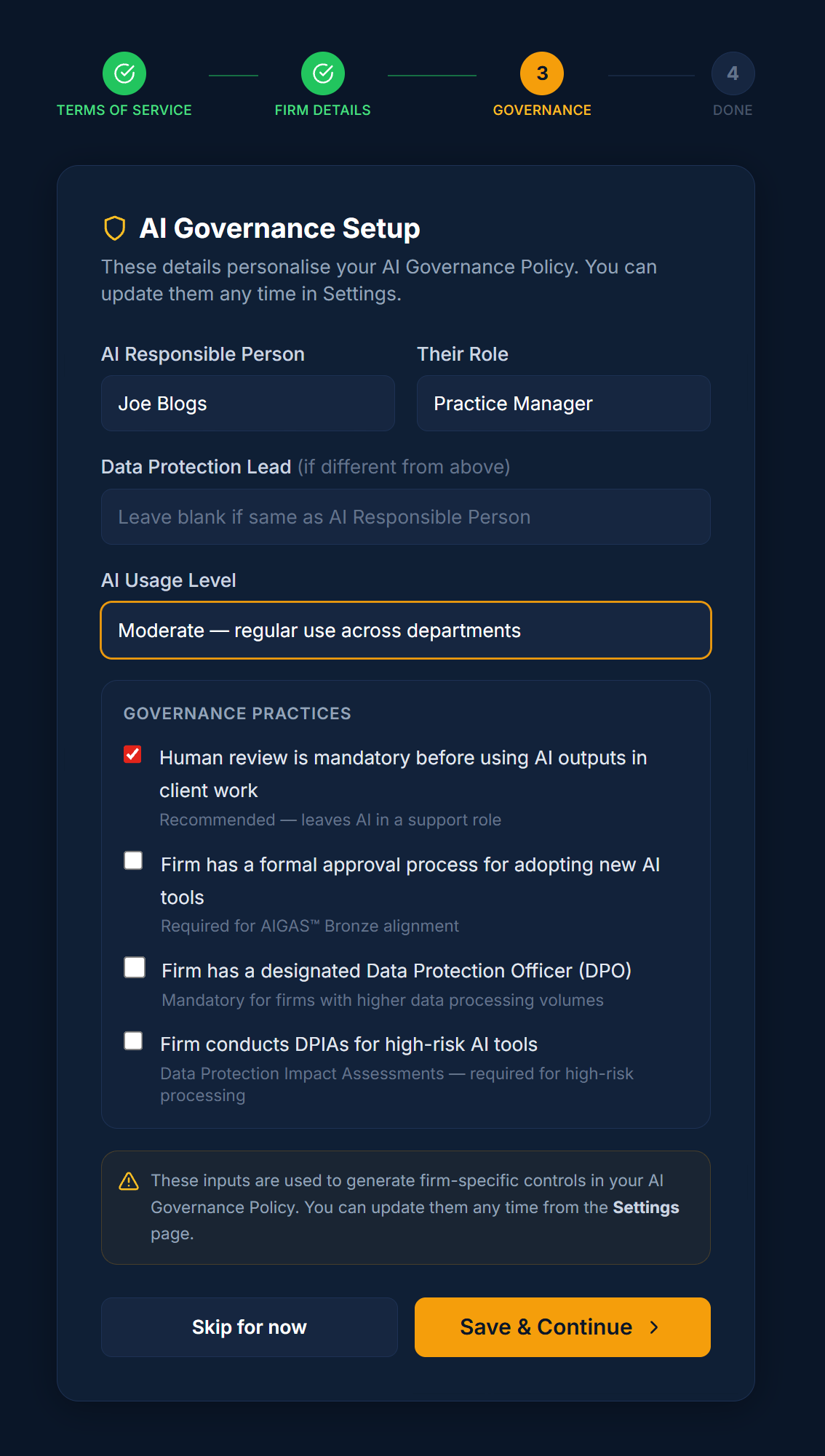 AI Register governance setup screen showing oversight and governance controls