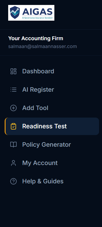 AI Register left menu with Readiness Test selected