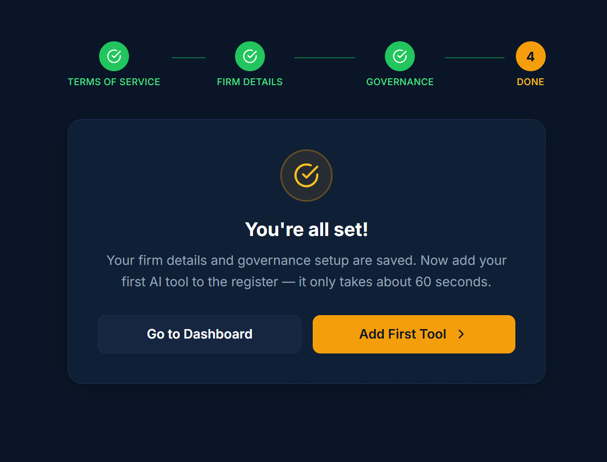 AI Register registration complete screen with dashboard and add first tool options