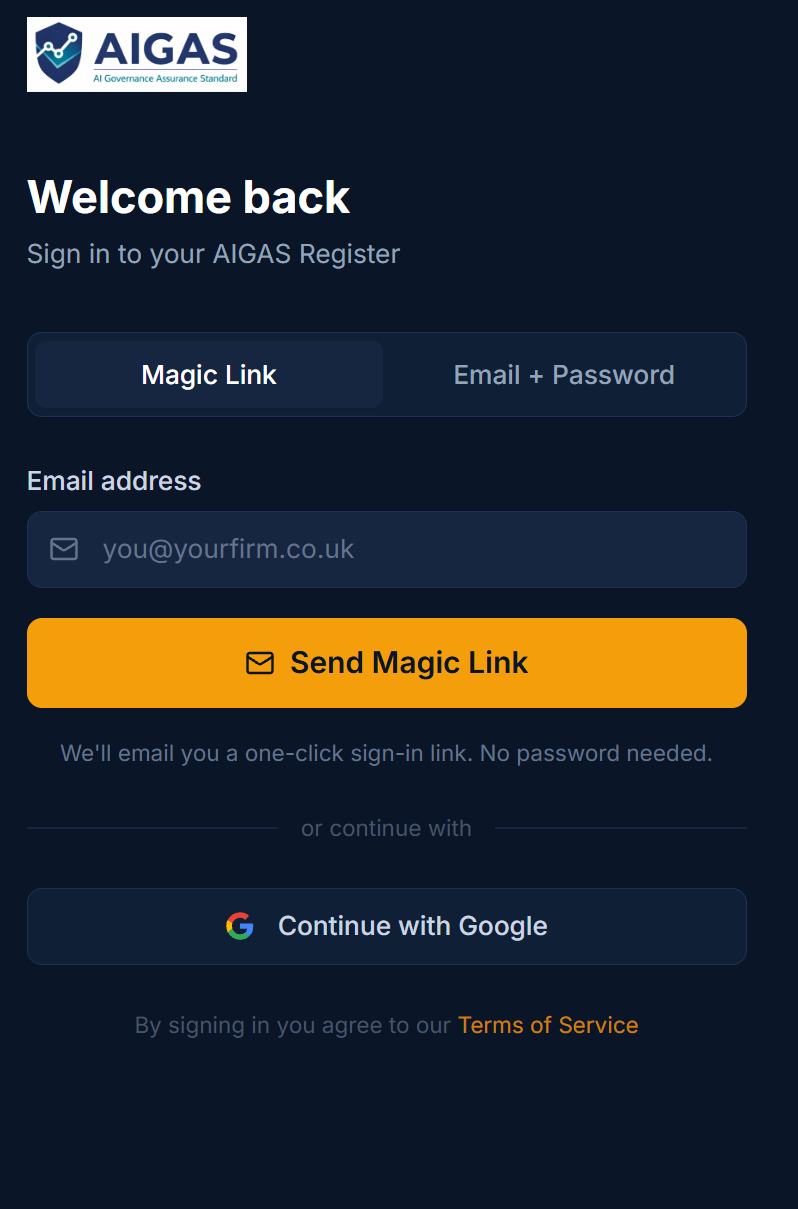 AI Register sign-in screen showing email field magic link and sign-in options