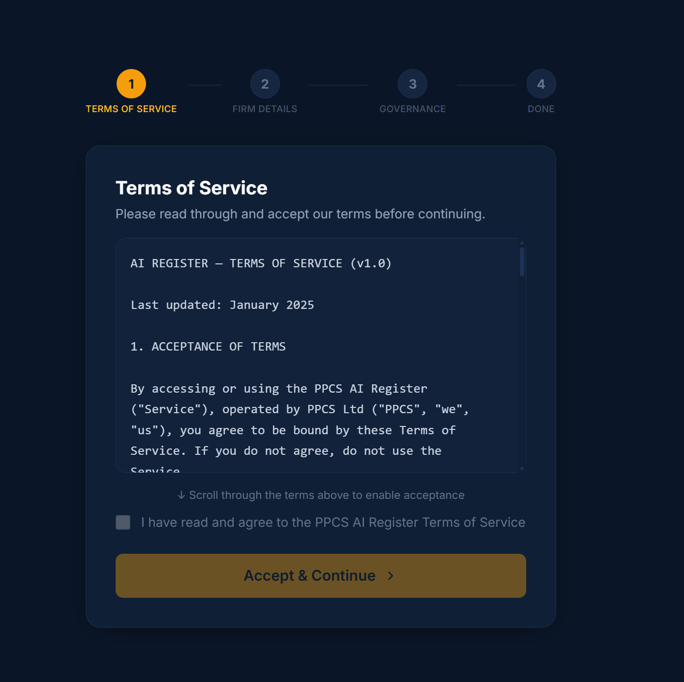 AI Register terms of service screen with accept and continue button